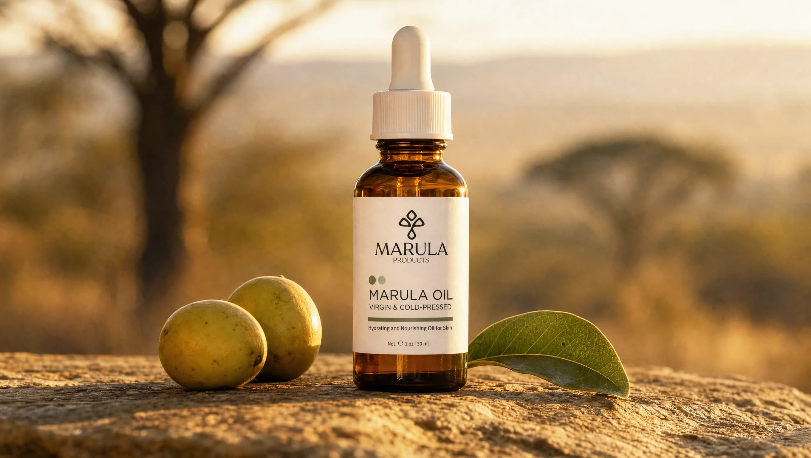 Pure Marula oil 30ml bottle, wild-harvested in Zambia's Luangwa Valley