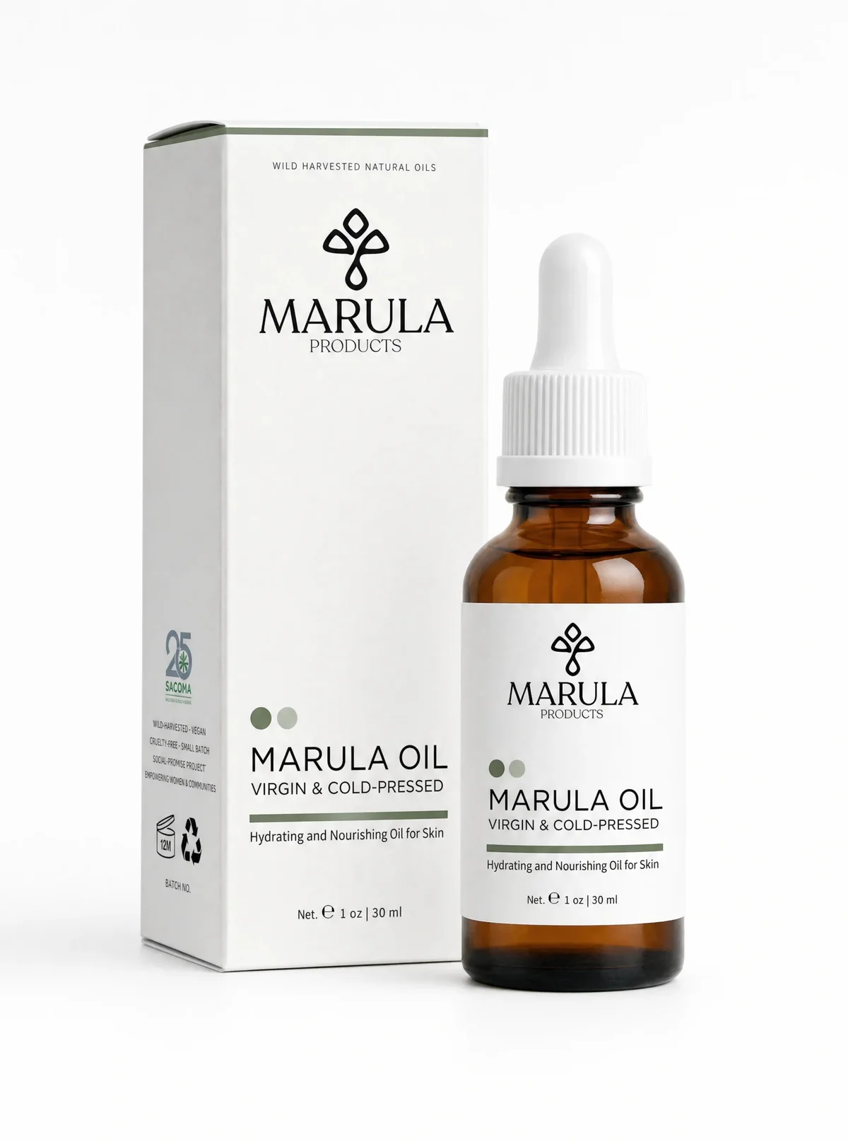 Pure Marula oil 30ml bottle and box, virgin cold-pressed